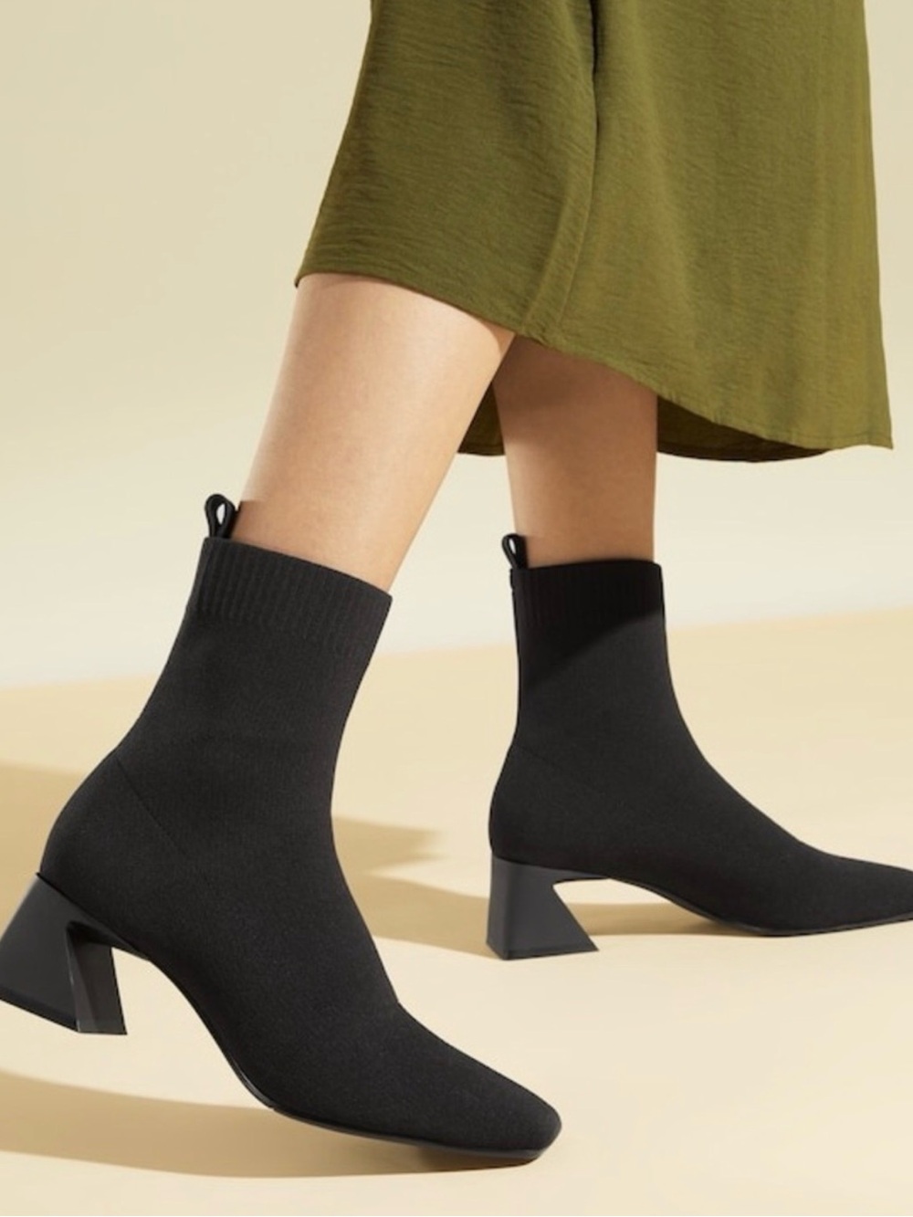 Stretch-Knit Black Ankle Sock Boots with Sculpted Block Heel